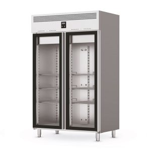 Home Professionele gebaksvitrine met glazen deuren voor optimale koeling en presentatie van desserts en bakkerijproducten